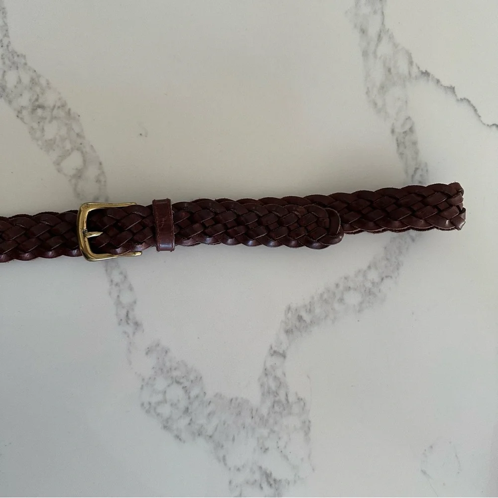 Vintage Braided Leather Belt with Rounded Square Brass Tone Buckle Dark Brown XL